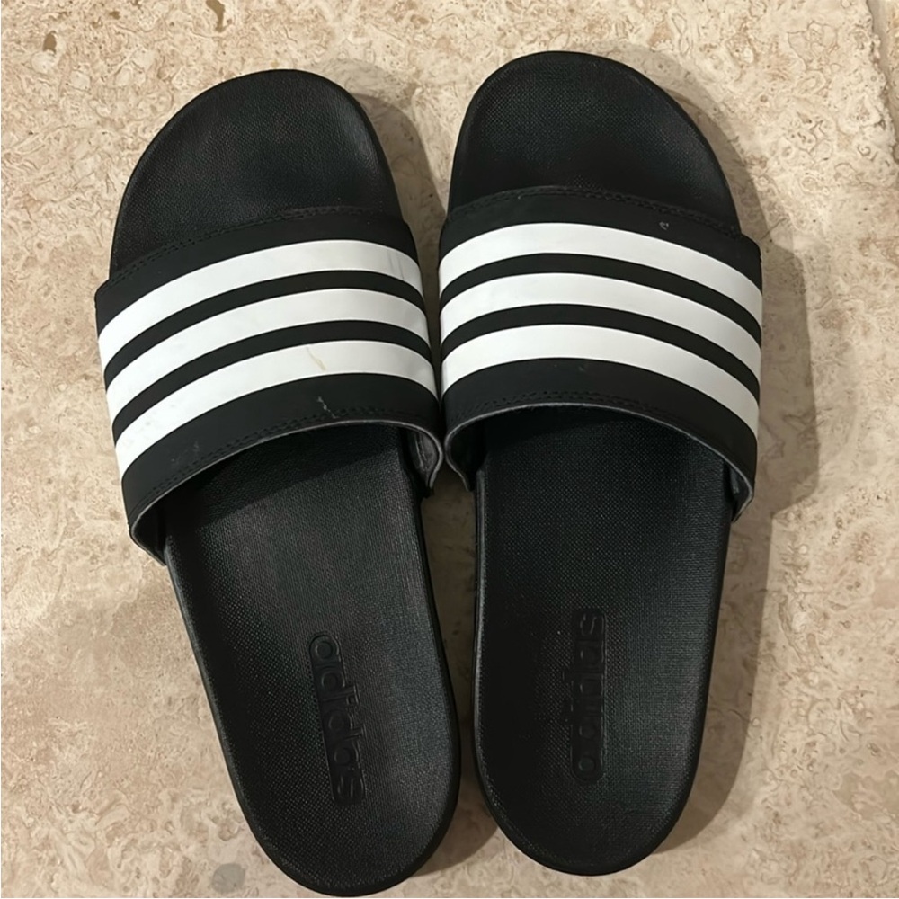 M8.5, W10 Adidas Black and White Striped Slides